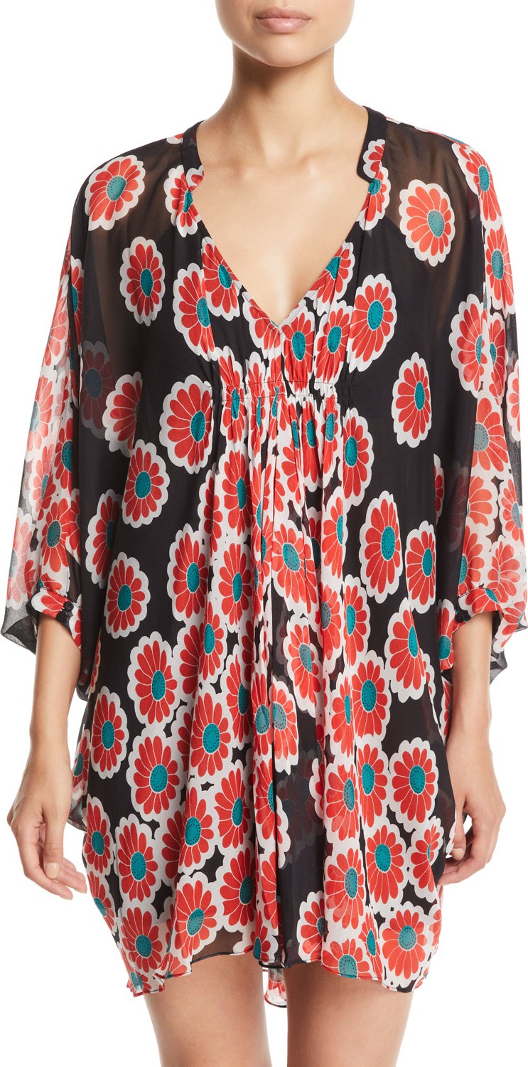 DIANE von FURSTENBERG Fleurette Floral Silk Shirred Coverup Dress
