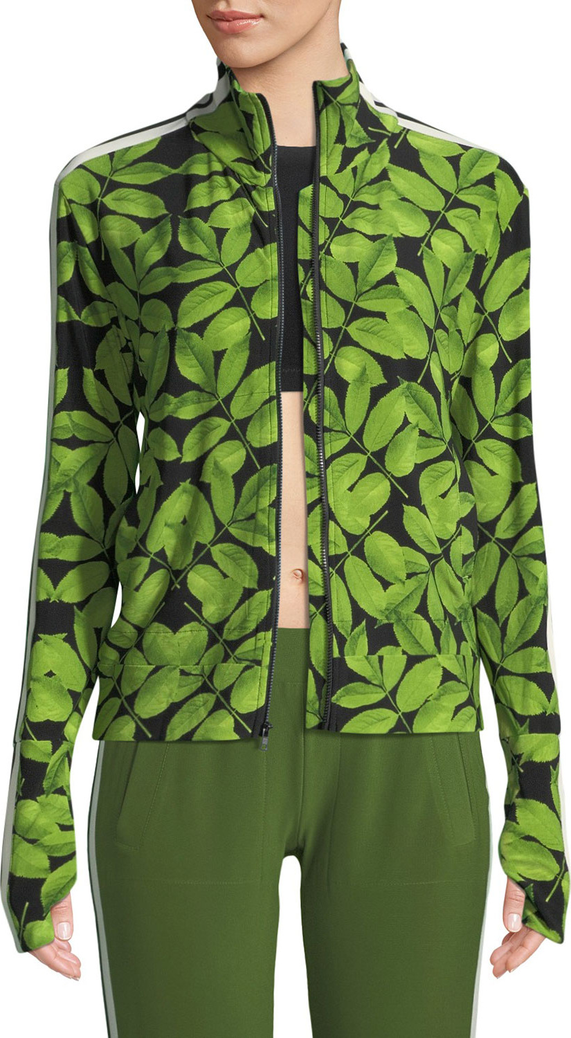 Norma Kamali Leaf-Print Side-Stripe Turtle Athletic Jacket