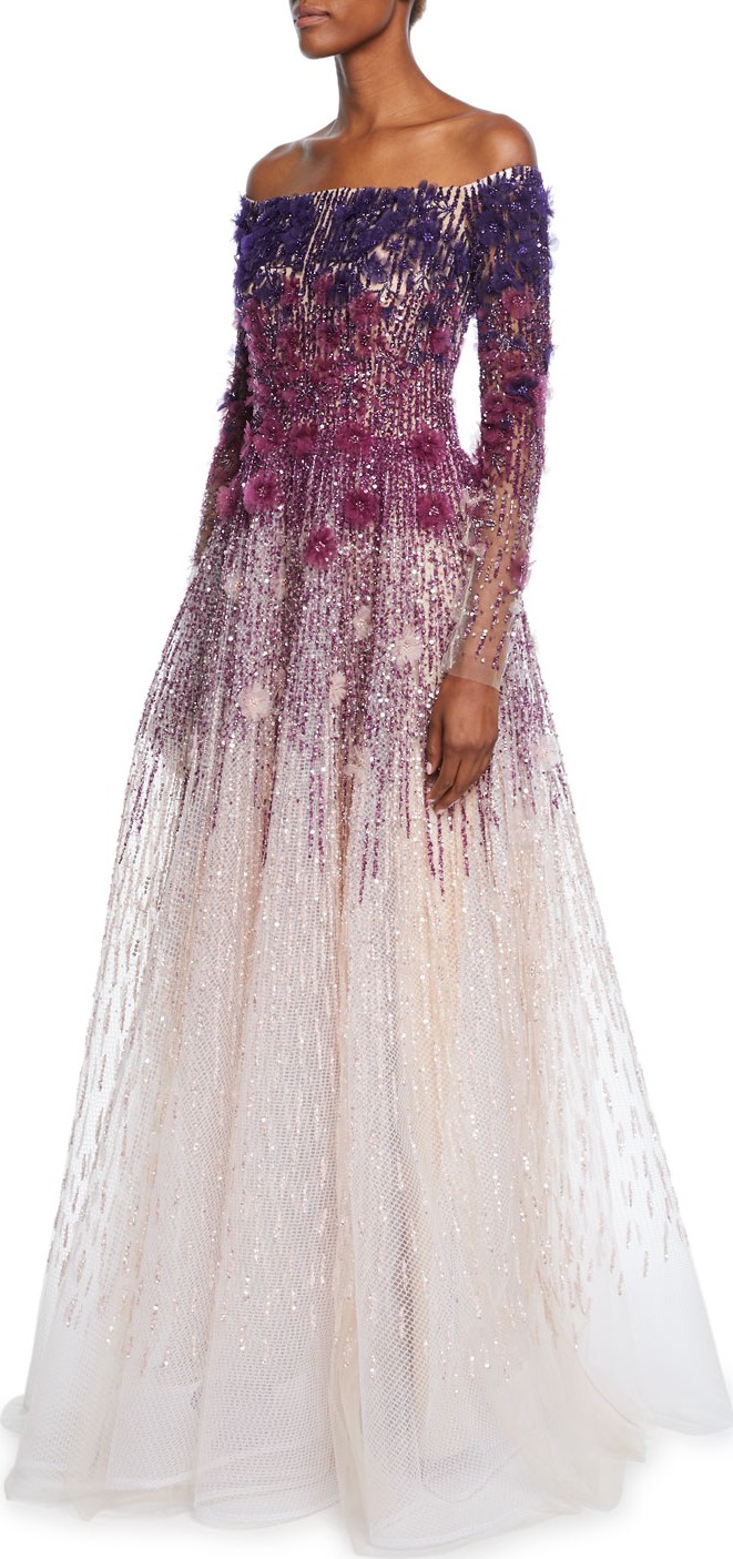 Pamella Roland Off-the-Shoulder Floral Sequined Ombre Gown