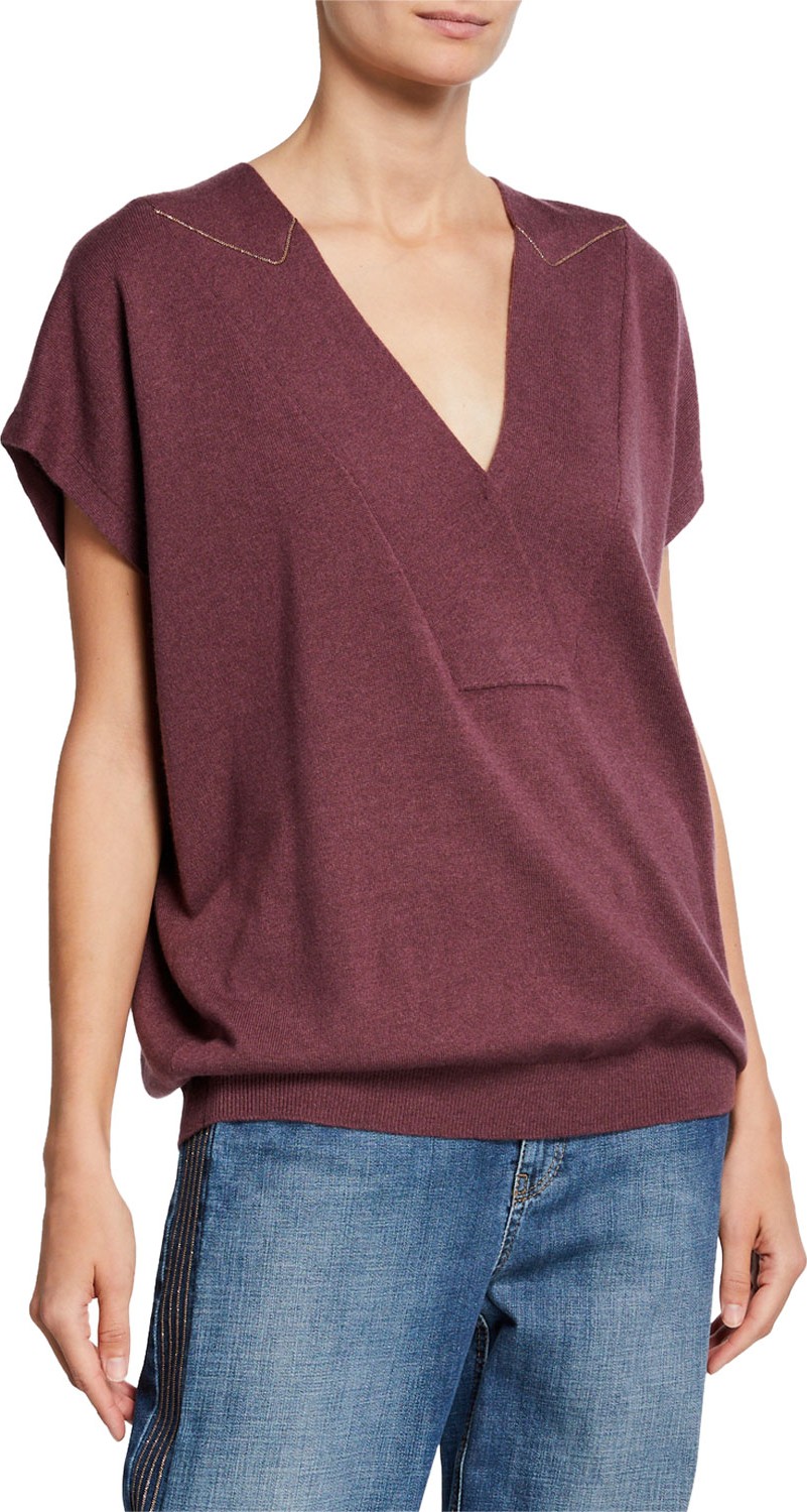 Brunello Cucinelli Cashmere Cap-Sleeve V-Neck Sweater