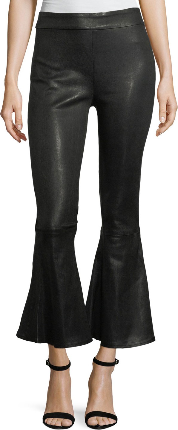 FRAME DENIM Flounce-Hem Pull-On Fitted Leather Pants