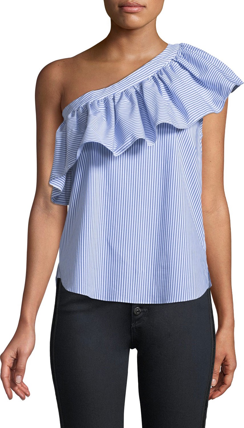 Veronica Beard Cruz Striped One-Shoulder Ruffle Top