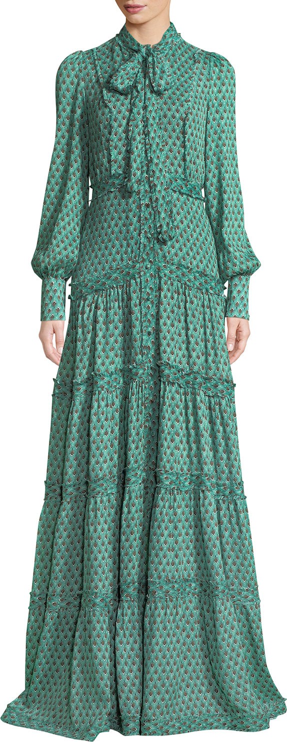 Alexis Margeaux Printed Button-Front Tie-Neck Maxi Dress