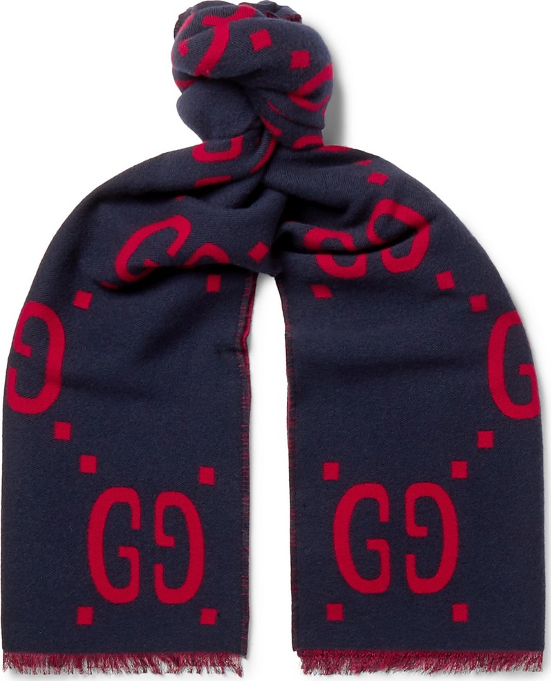 Gucci Fringed Logo-Jacquard Brushed Wool and Silk-Blend Scarf