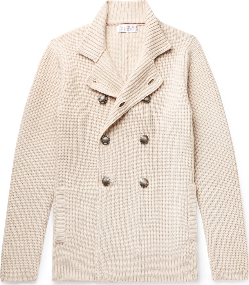 Brunello Cucinelli Double-Breasted Ribbed Virgin Wool, Cashmere and Silk-Blend Cardigan