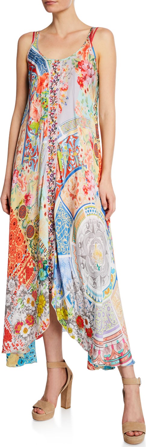Johnny Was Kara Mixed-Print Scoop-Neck Sleeveless Dress w/ Slip