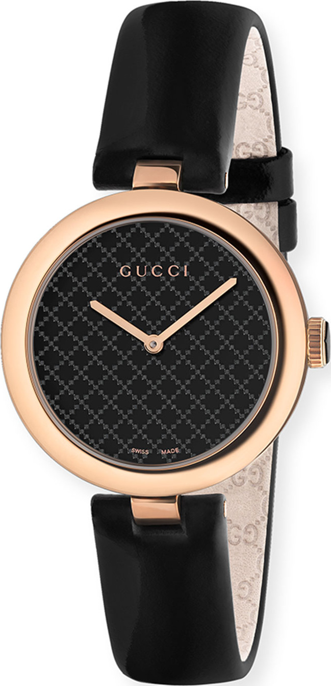 Gucci 32mm Diamantissima Watch with Leather Strap, Black/Rose