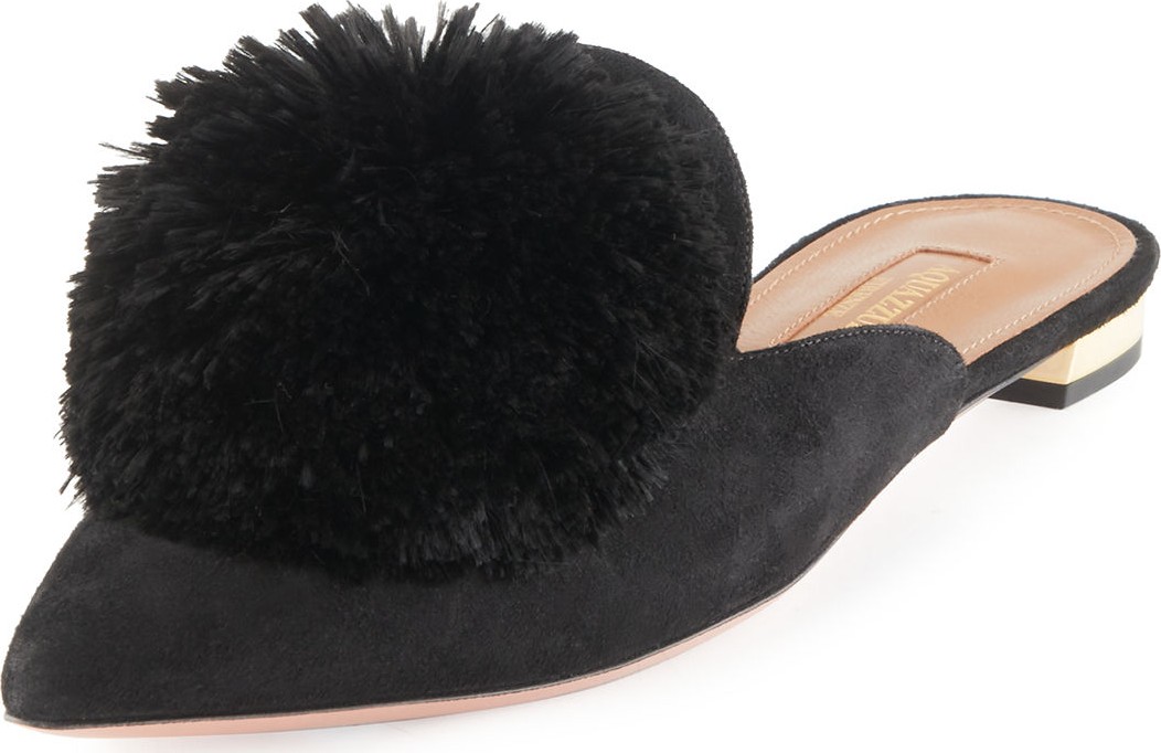 Aquazzura Powder Puff Pompom Suede Mule Flat