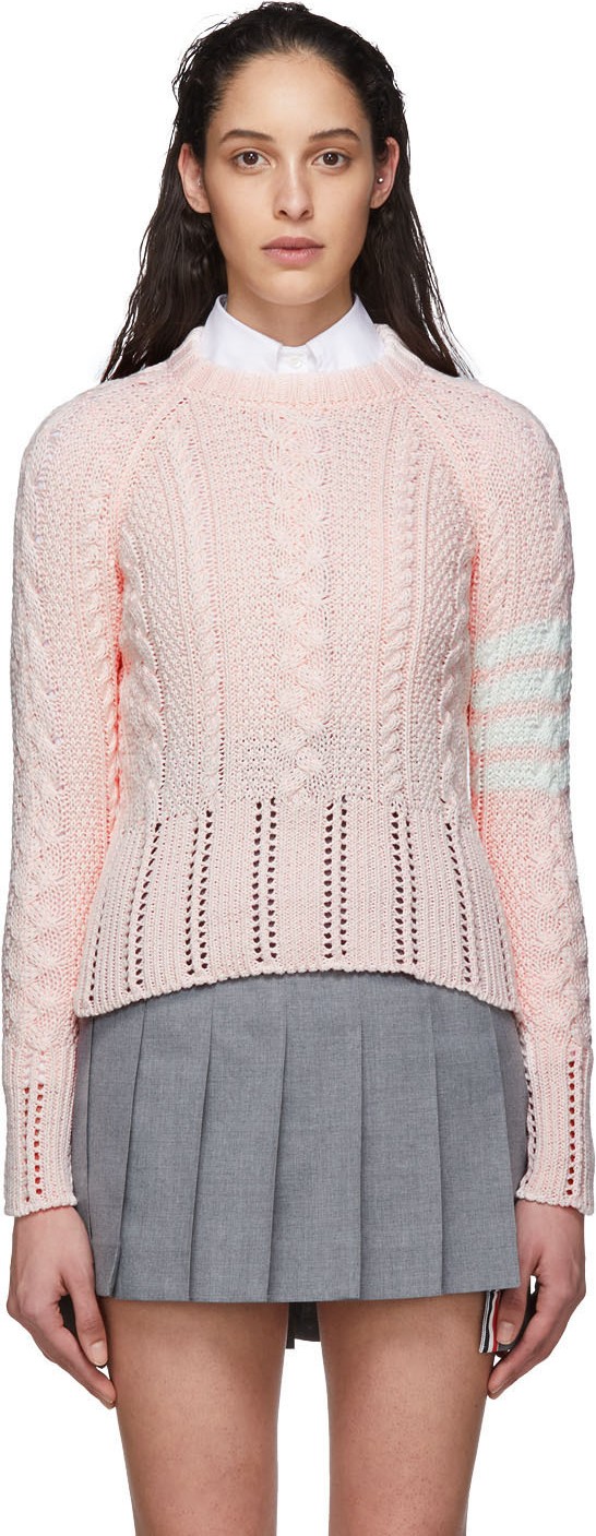 Thom Browne Pink Aran Cable 4-Bar Sweater