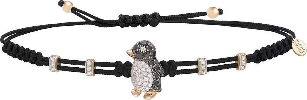 Pippo Perez Pull-Cord Bracelet with Black & White Diamond Penguin in 18K Gold