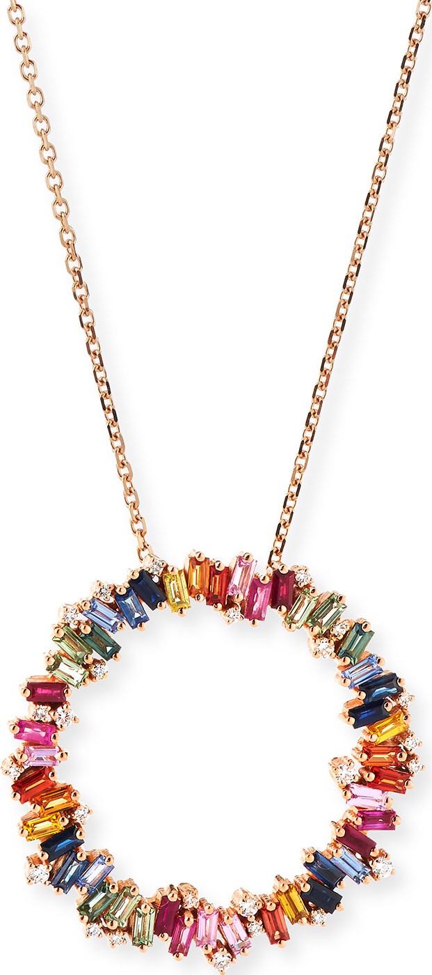 Suzanne Kalan 18 Zigzag Rainbow Sapphire & Diamond Circle Pendant Necklace