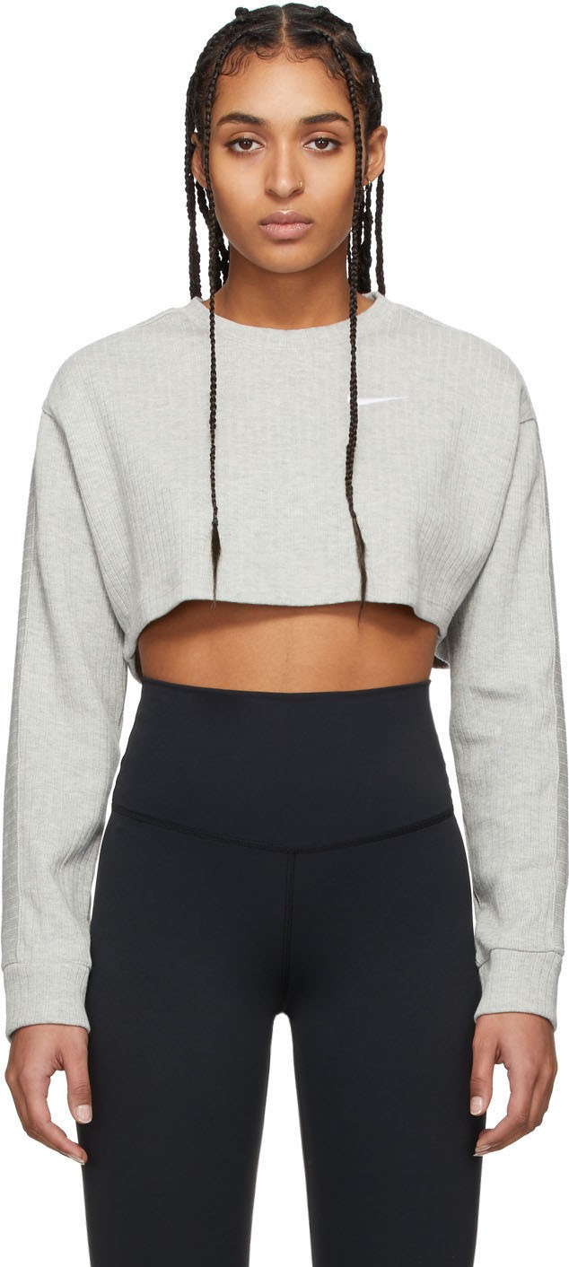 Nike Grey Ribbed Cropped Long Sleeve T-Shirt