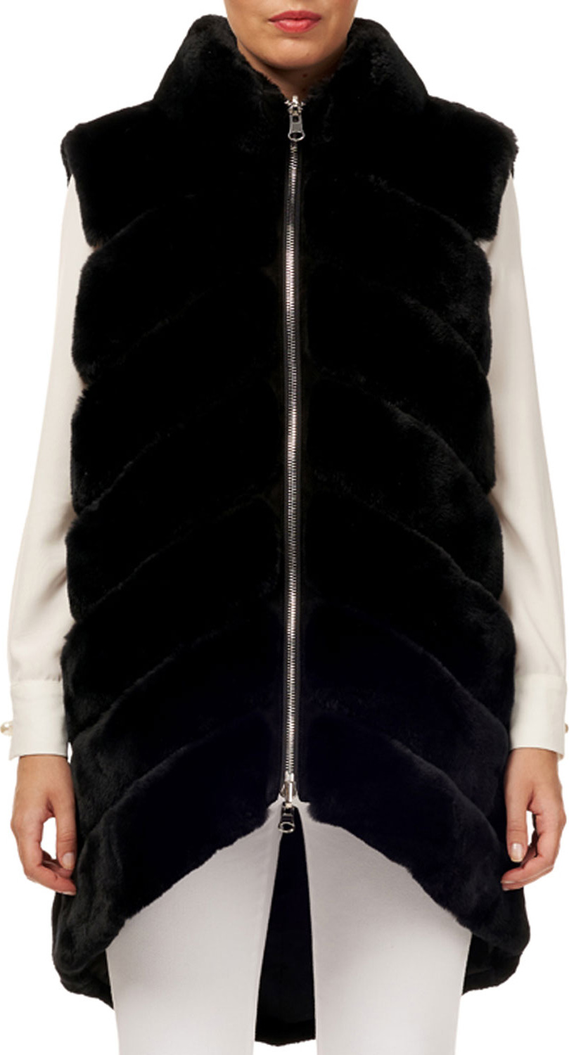 Gorski Rabbit Fur Reversible Taffeta Zip-Front Vest w/Arched Hem