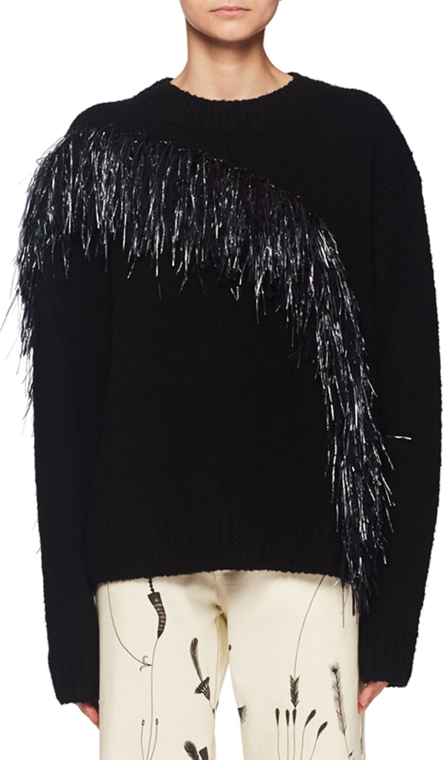 Dries Van Noten Raffia Yarn Wave Crewneck Wool-Cashmere Sweater