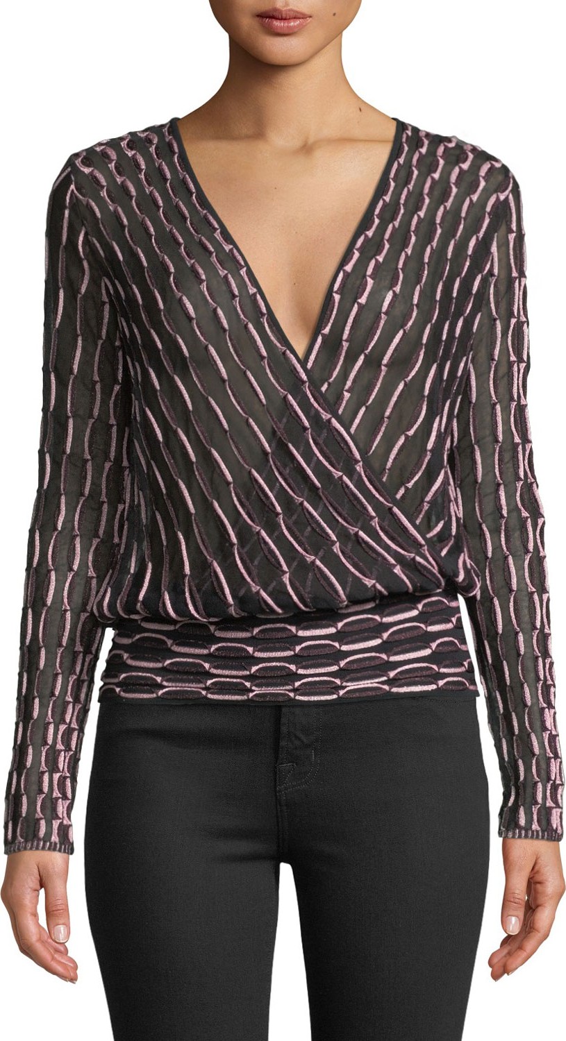 M Missoni Long-Sleeve V-Neck Jacquard Top