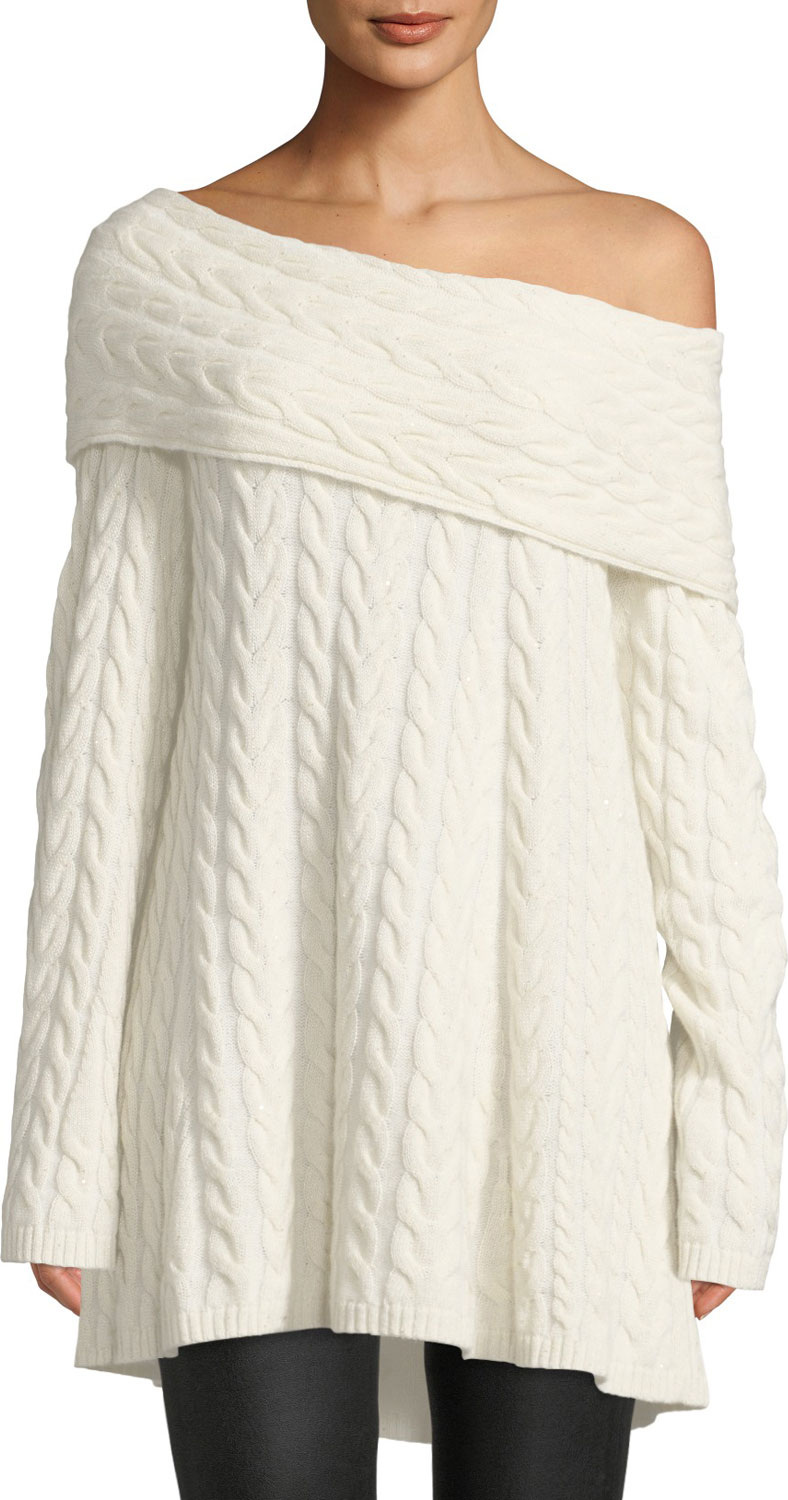 Lafayette 148 New York Off-the-Shoulder Long-Sleeve Cable-Knit Cashmere-Blend Sweater