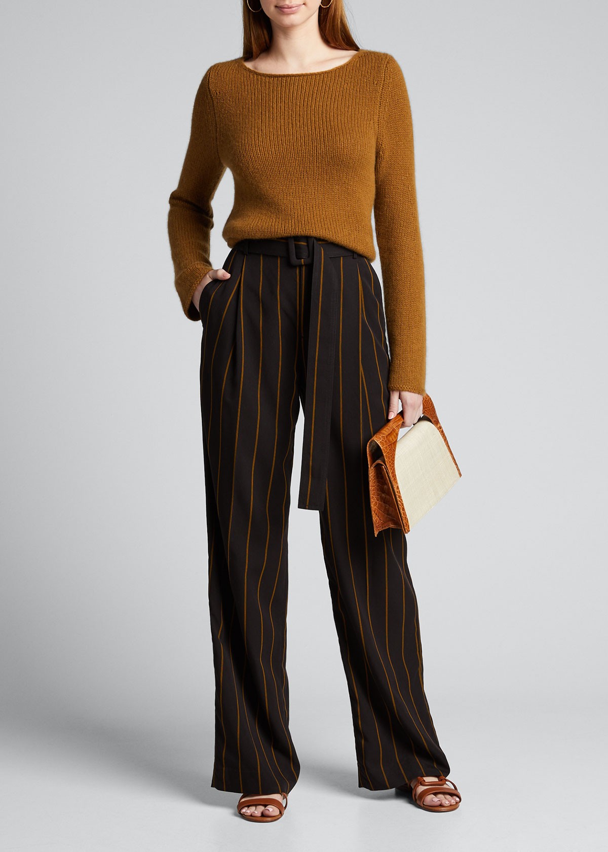 Vince Belted Wide-Leg Stripe Pants