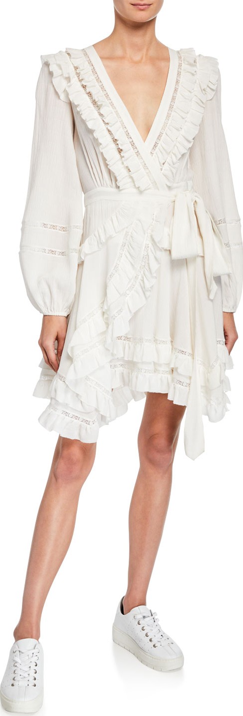 Zimmermann Moncur Frill Wrap Short Dress w/ Lace Trim