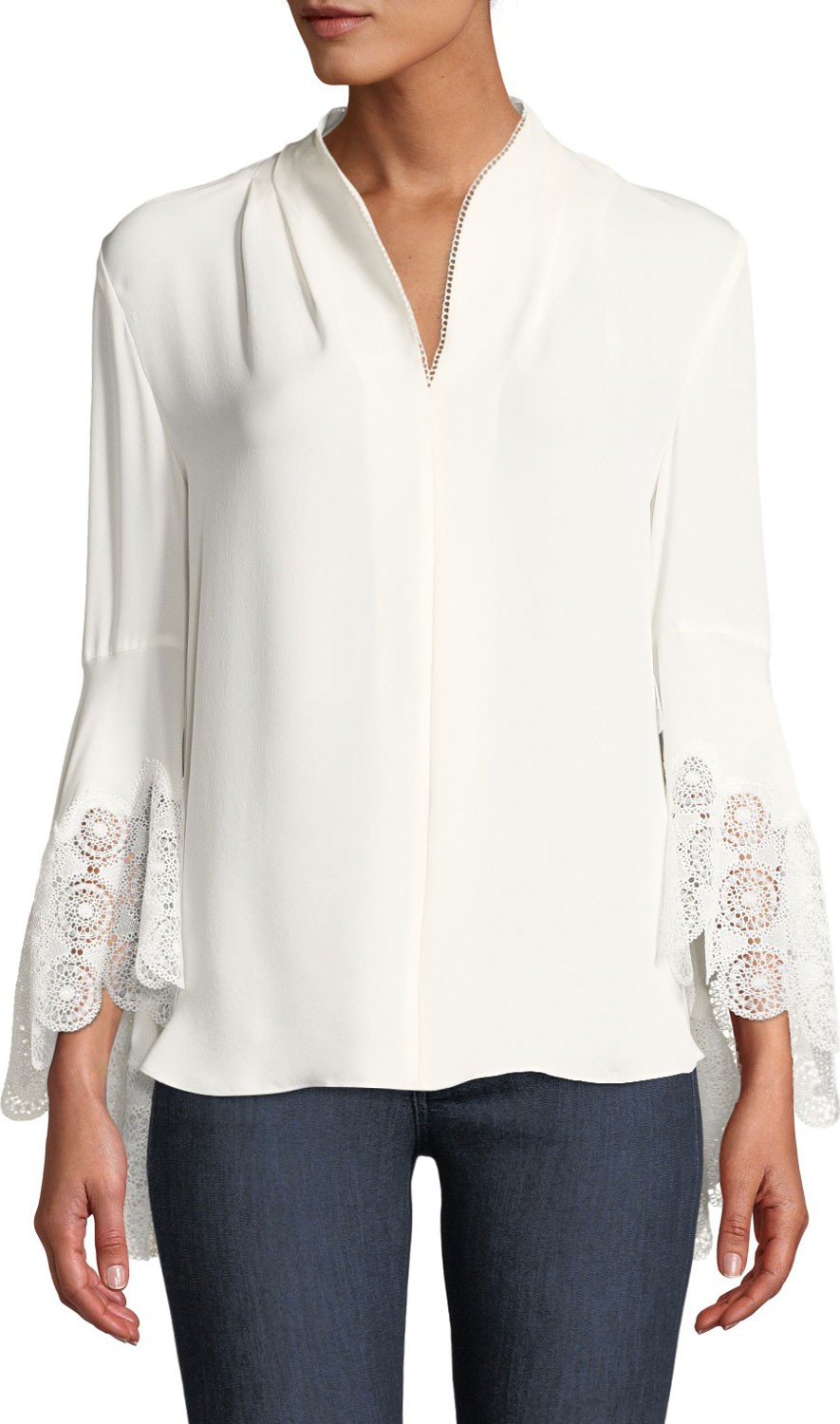 Elie Tahari Gaia Lace-Cuffs Silk Blouse