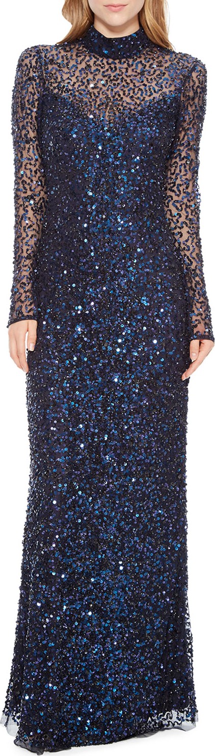Parker Leandra Sequin Long-Sleeve Gown Dress