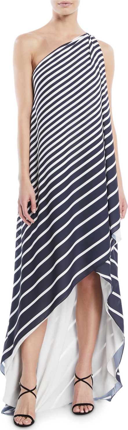 HALSTON HERITAGE One-Shoulder Printed Stripe Wrap Gown