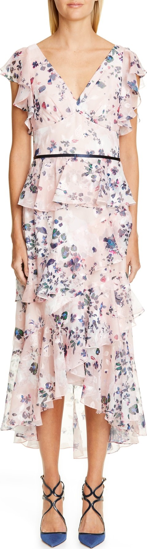 Marchesa Notte Floral Ruffle Tiered Midi Dress
