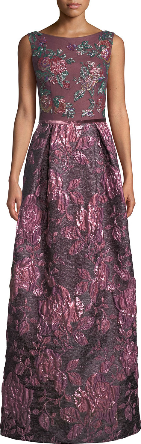 David Meister Jacquard Gown w/ Beaded Bodice