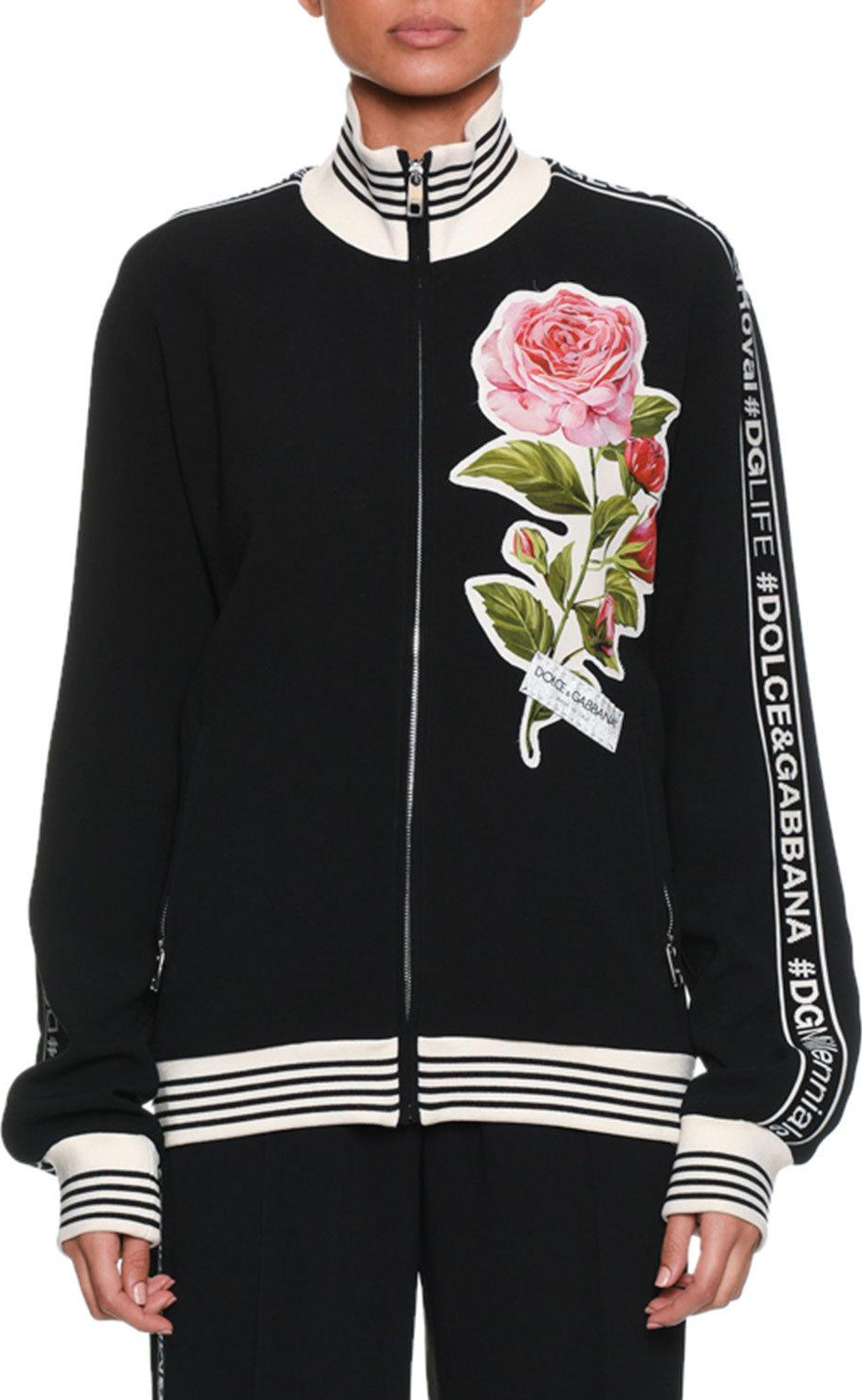 Dolce & Gabbana Stand-Collar Zip-Front Sweatshirt w/ DG Band & Rose Appliqué
