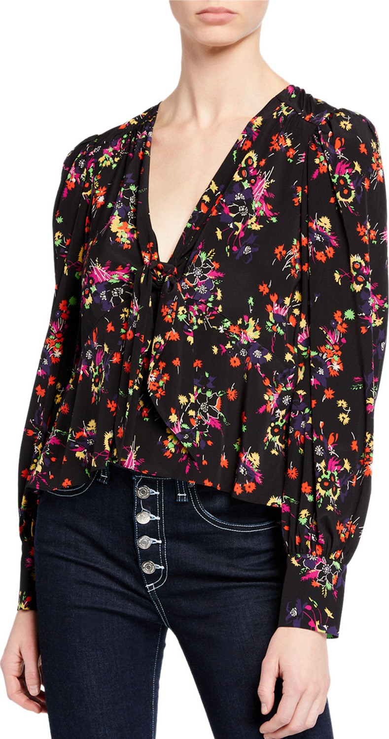 Veronica Beard Payton Floral Tie-Front Silk Blouse