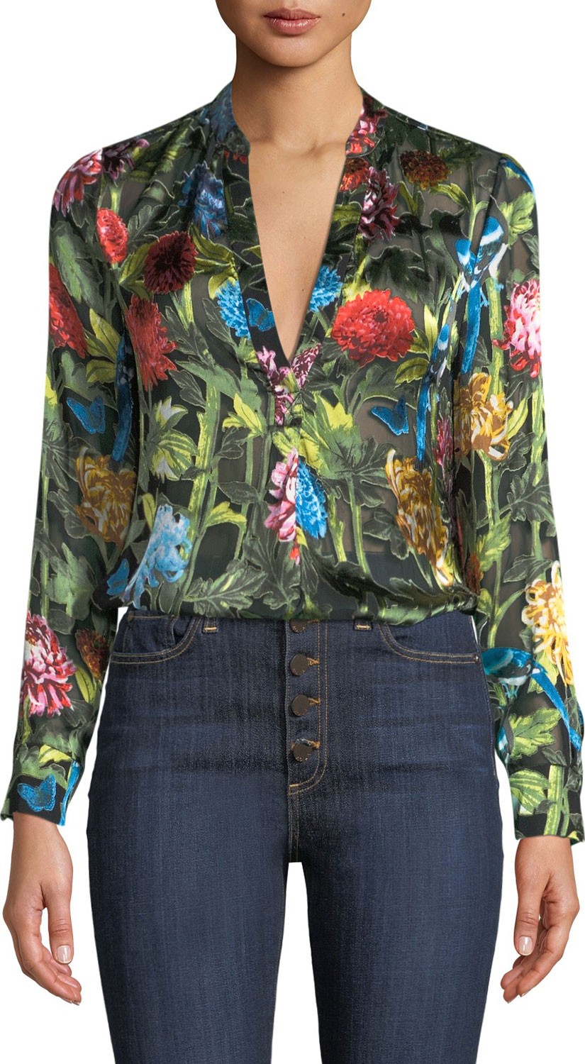 Alice + Olivia Amos Floral Burnout Long-Sleeve Tunic Top