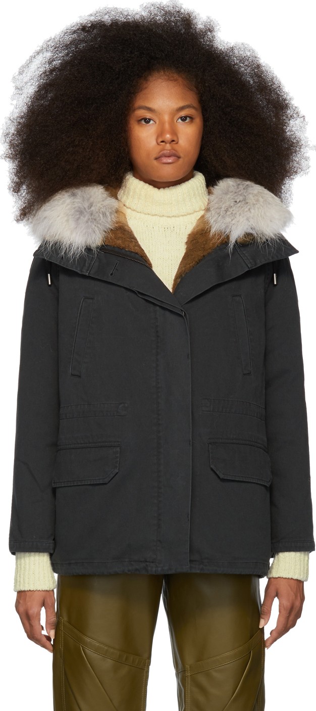 Army By Yves Salomon Black Down & Fur Cotton Short Parka