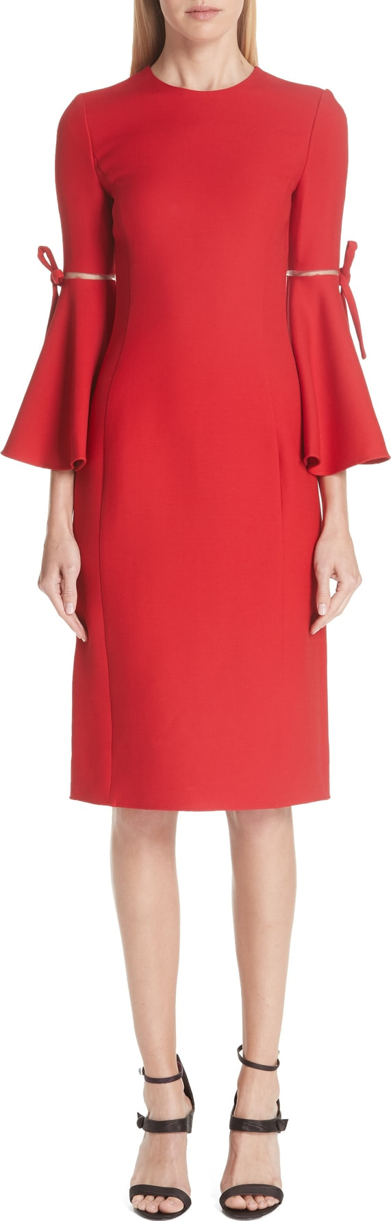 Oscar De La Renta Split Trumpet Sleeve Wool & Silk Crepe Dress
