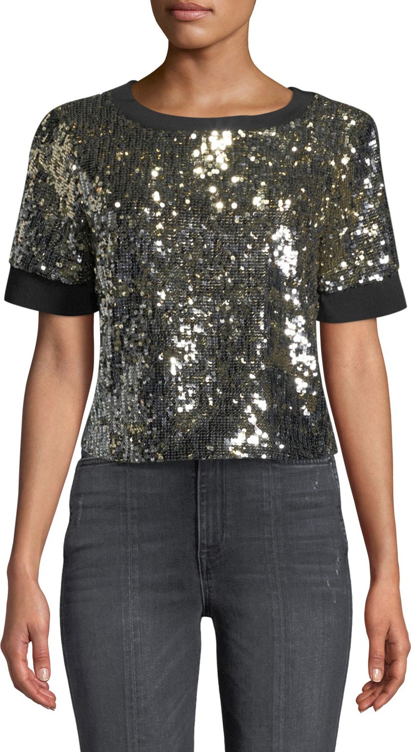 Alice + Olivia Danica Sequin Crewneck Crop Top
