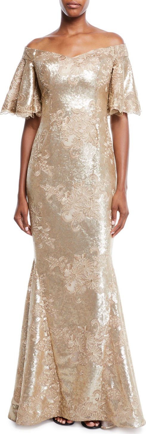 Rickie Freeman for Teri Jon Off-the-Shoulder Bell-Sleeve Stretch-Sequin Evening Gown