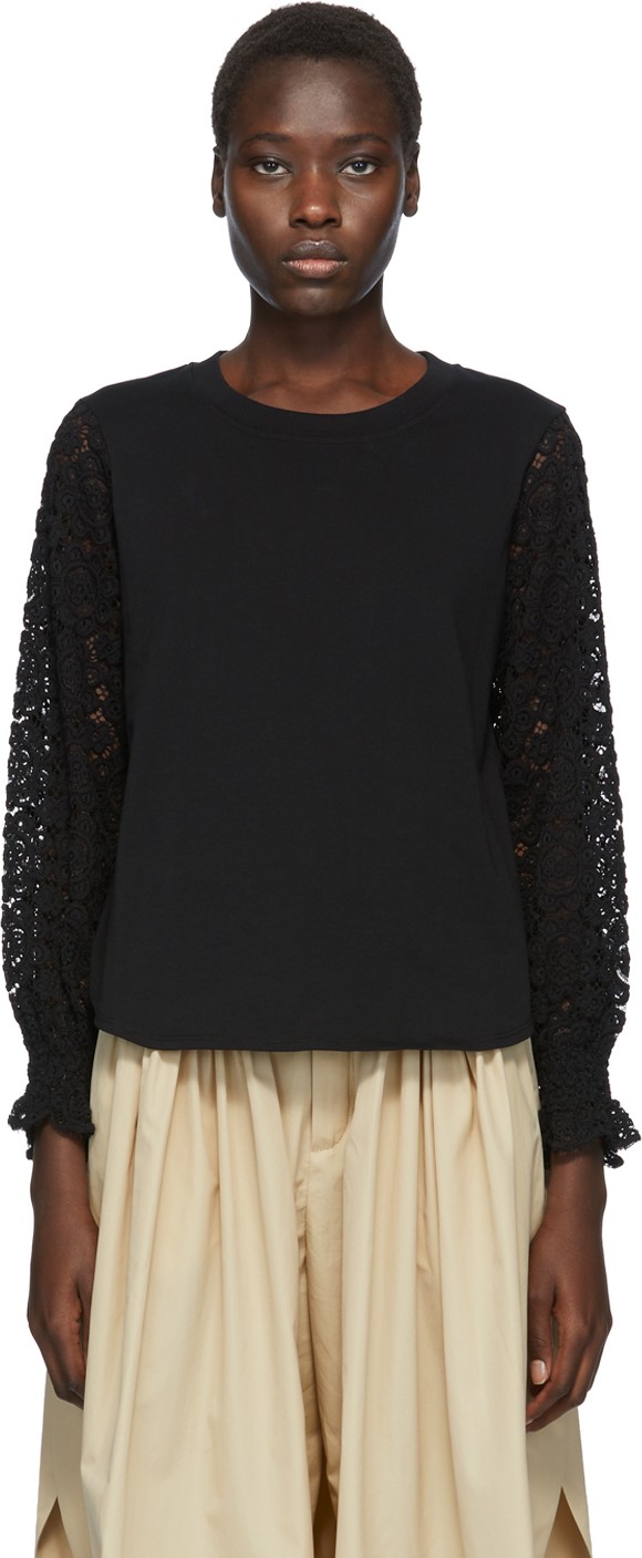 See By Chloé Black Lace Sleeve T-Shirt