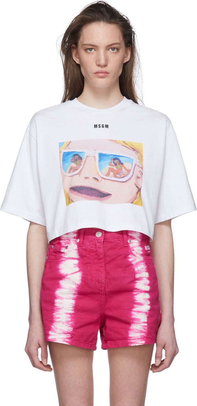 MSGM White Graphic Cropped T-Shirt