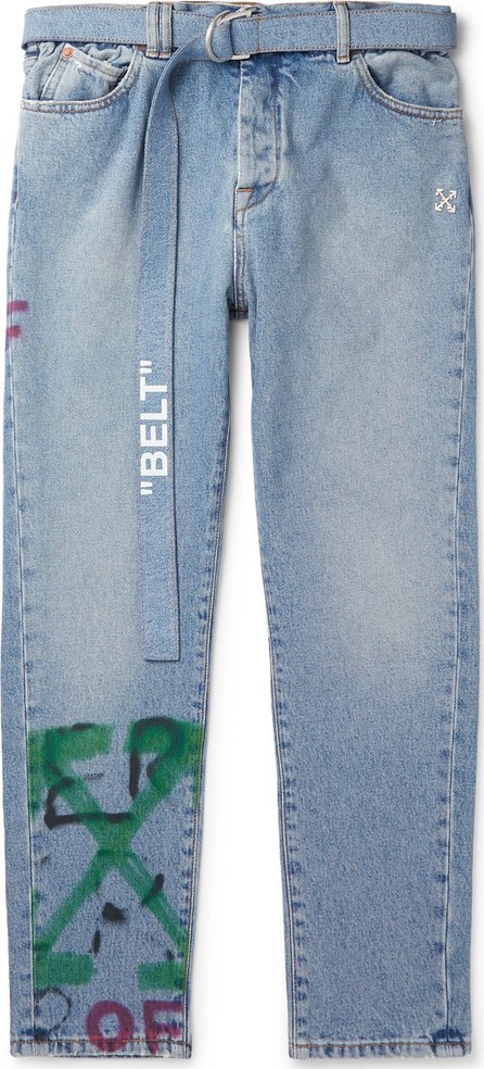 Off White Slim-Fit Tapered Belted Spray-Painted Denim Jeans