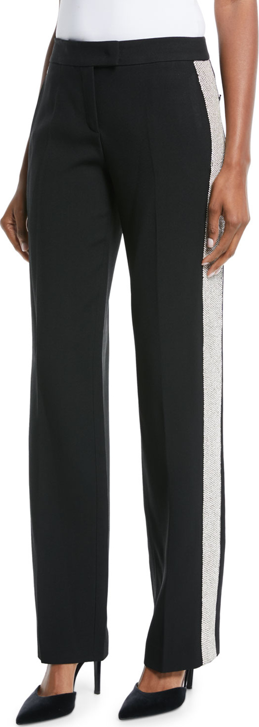 Michael Kors Mid-Rise Straight-Leg Crepe Sable Trousers w/ Crystal Tux Stripe