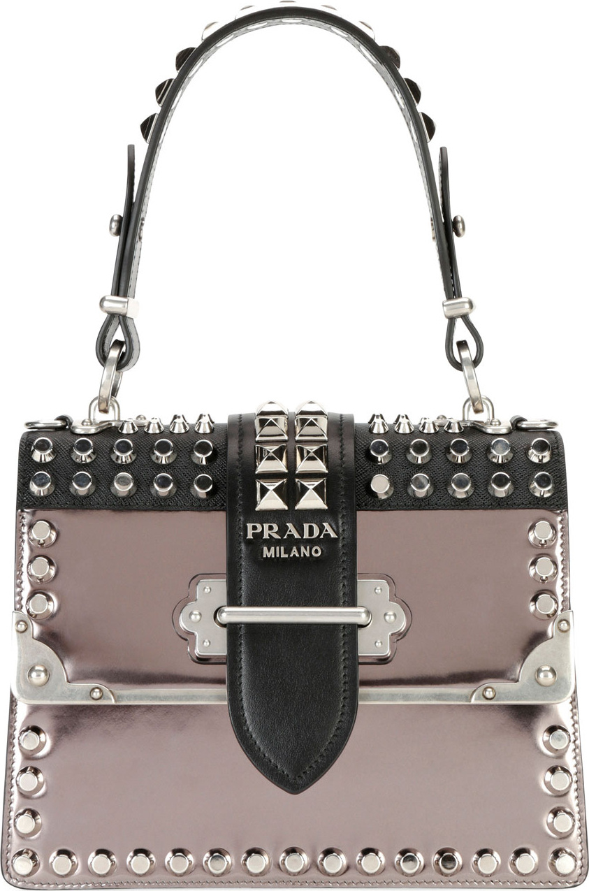 Prada Cahier Medium Studded Metallic/Saffiano Leather Top-Handle Bag