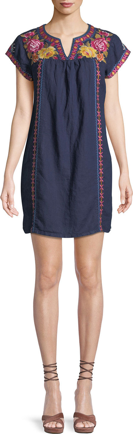 Johnny Was Vella V-Neck Embroidered Linen Shift Dress