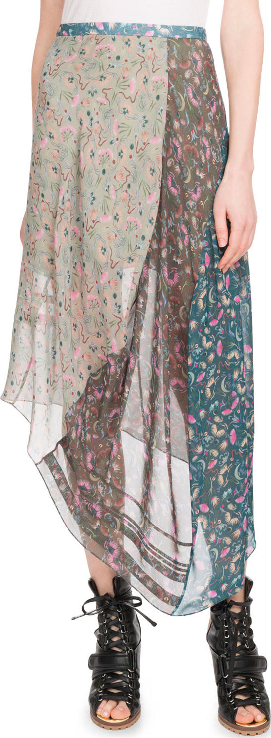 Chloe Garden-Print Asymmetric-Hem Mid-Calf Georgette Skirt