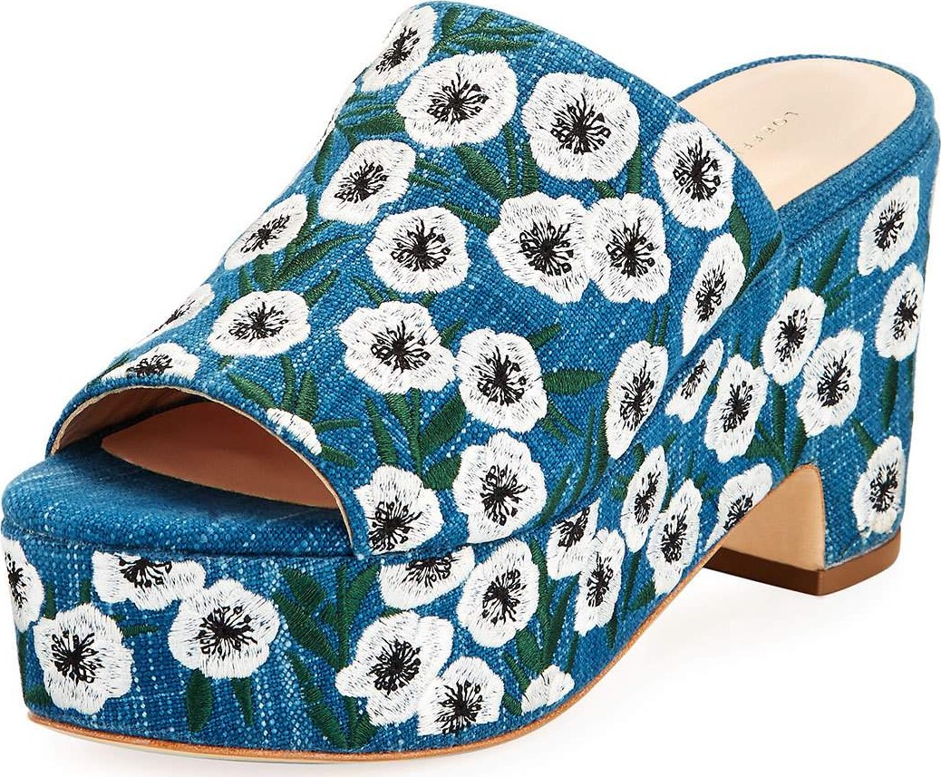 Loeffler Randall Amara Embroidered Denim Mule Sandals, Blue Pattern