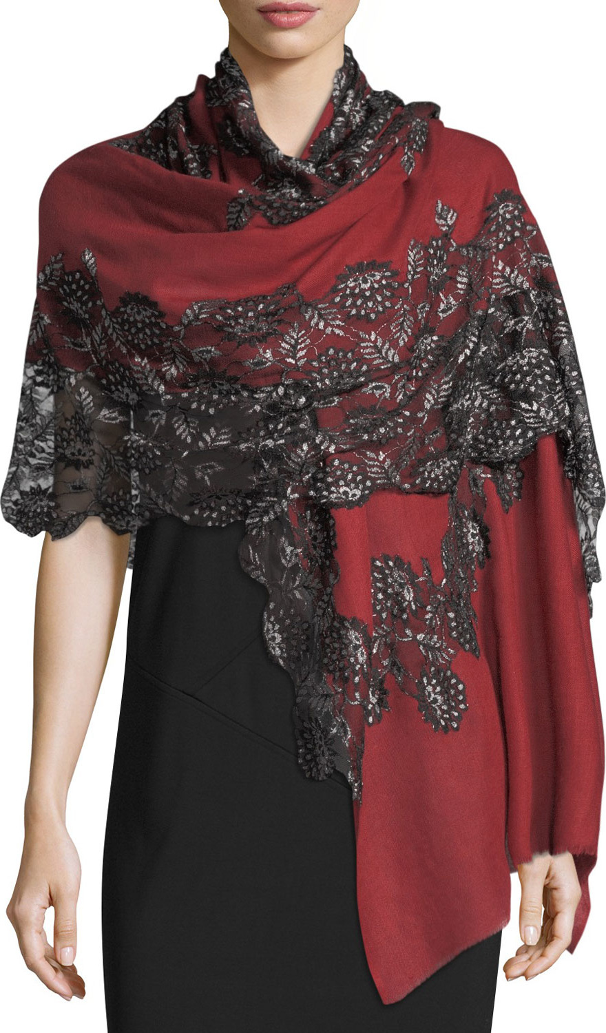 Bindya Pumice Lace-Overlay Evening Stole/Wrap, Purple/Black
