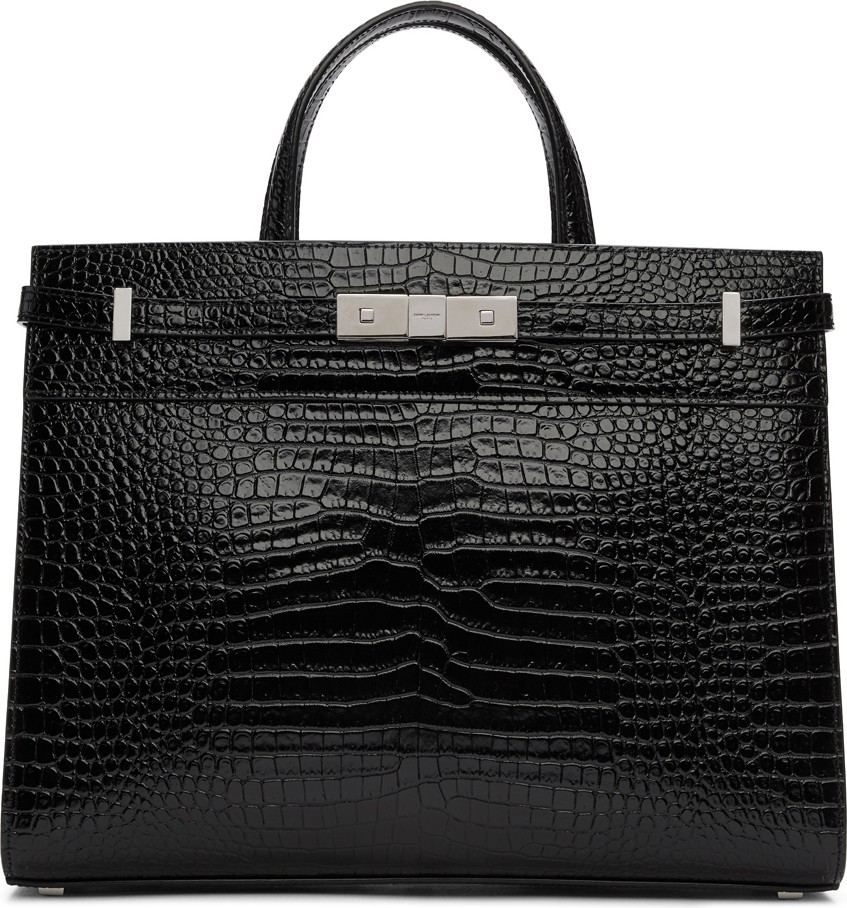 Saint Laurent Black Small Croc Manhattan Tote