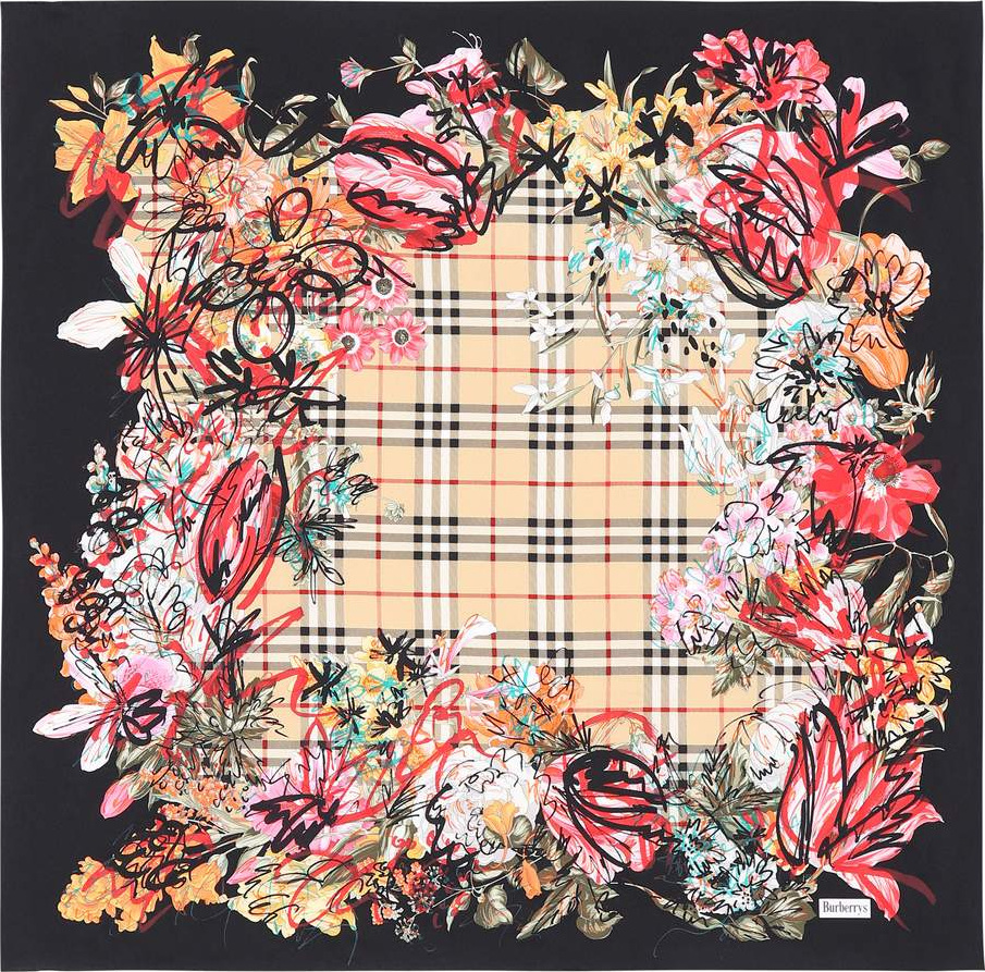 Burberry London England Floral check silk scarf