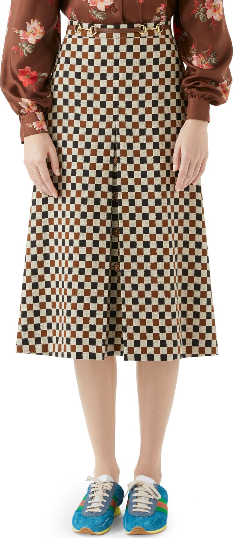 Gucci Leather Trim Pleated Skirt