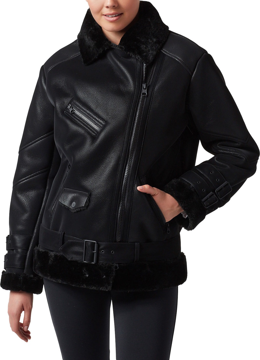 Blanc Noir Violetta Shearling-Trim Faux-Leather Moto Jacket
