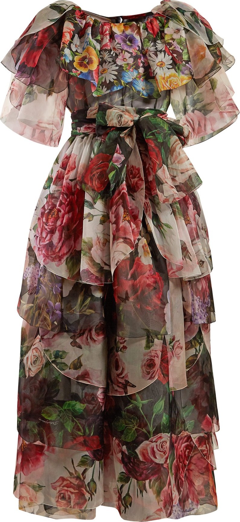Dolce & Gabbana Floral-print tie-waist ruffled gown