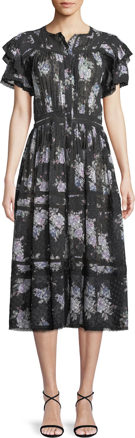 LOVESHACKFANCY Claribel Floral Silk Lace Midi Dress