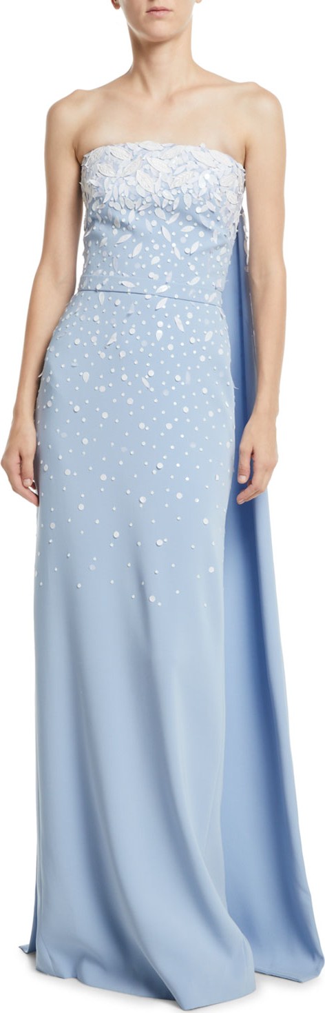 Oscar De La Renta Strapless Embroidered Silk Georgette Evening Gown w/ Cape